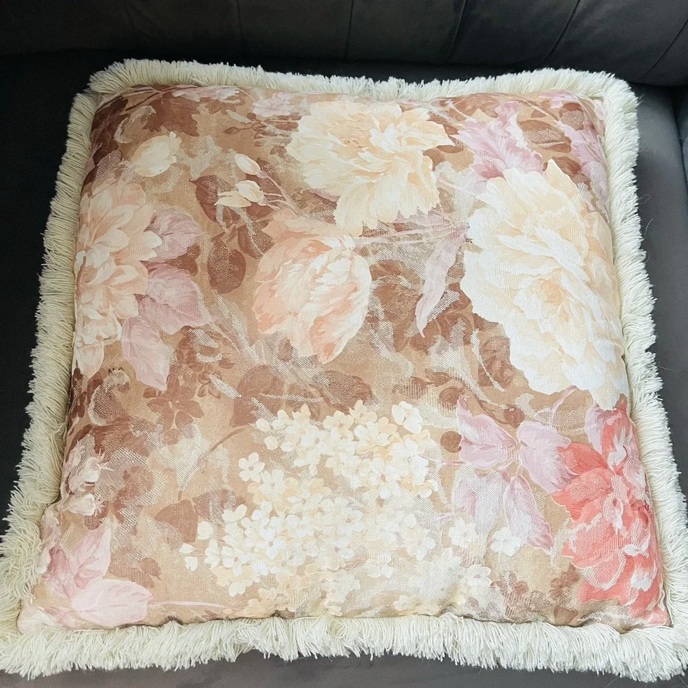 Vintage Peony Floral Jacquard Tapestry Fringe Pillows Beige Multi Cottage Granny